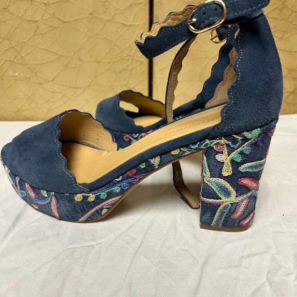 Anthropologie Platform Sandal Heel Womens 9 Ankle Strap Suede Floral Boho Blue - Picture 8 of 11